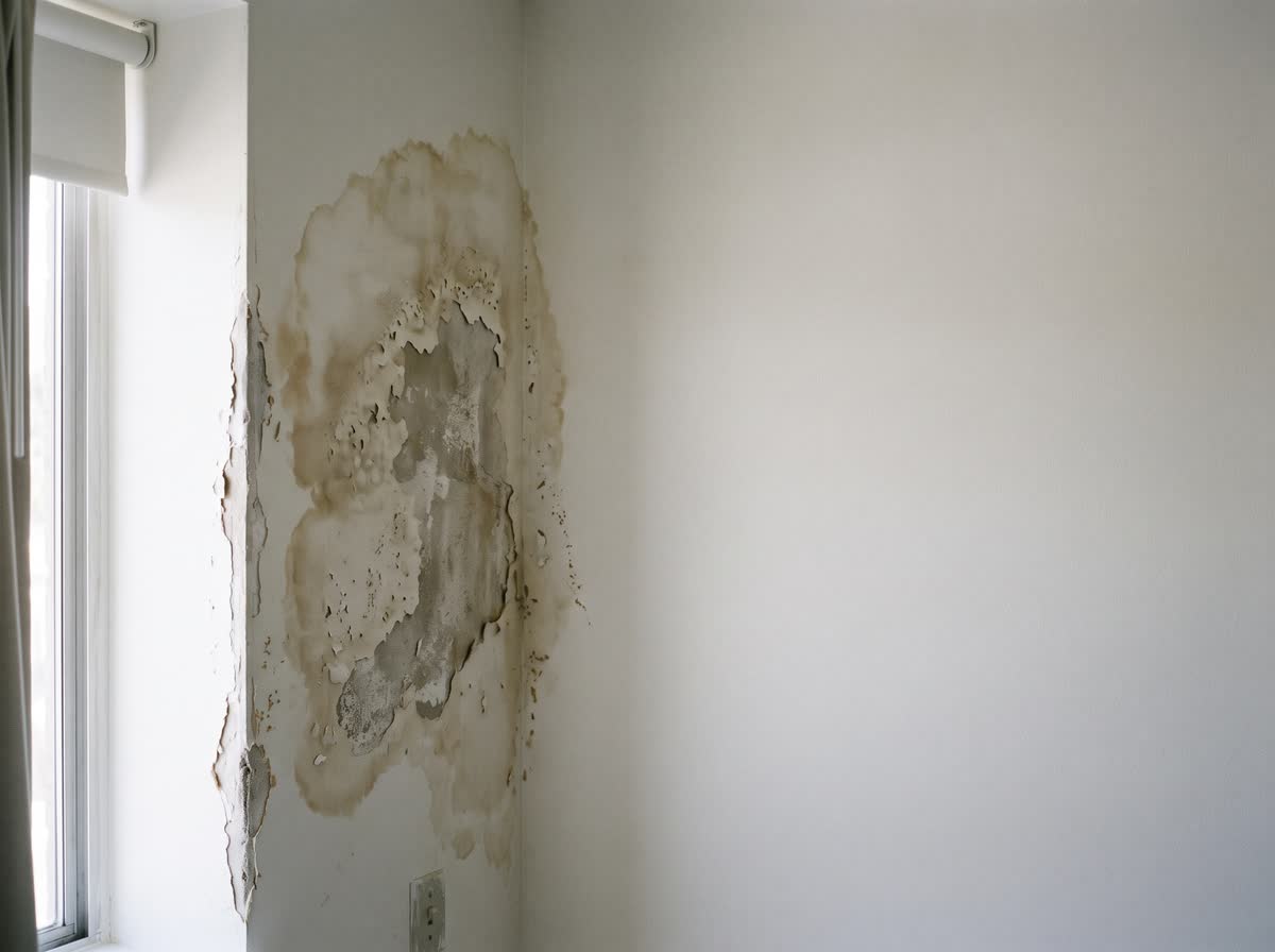 Muro de la habitación 112 antes de la orden: mancha de humedad y pintura descascarada junto a la ventana