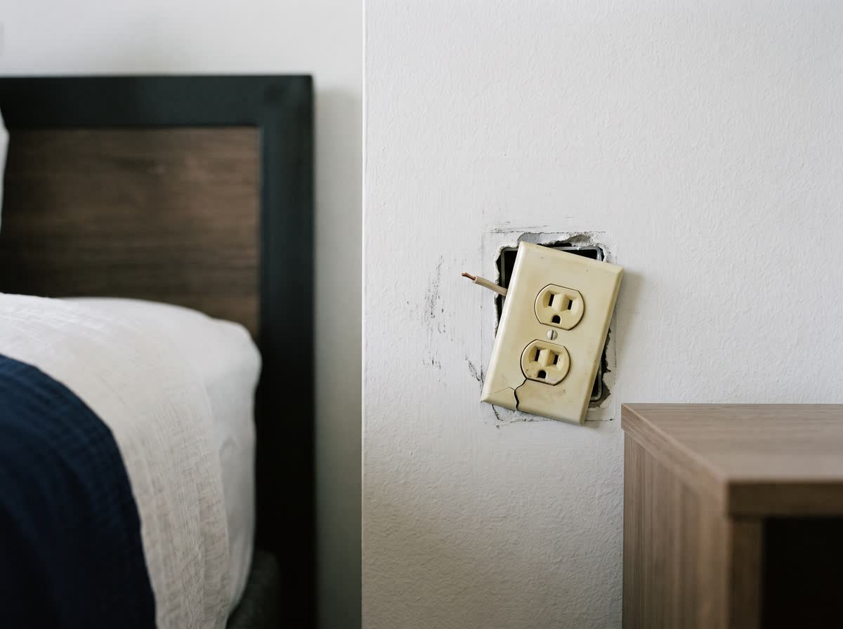 Contacto junto a la cama de la habitación 307 antes de la orden: placa floja y cable a la vista