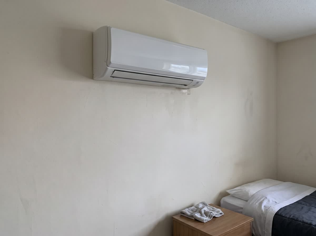 Minisplit de la habitación 401 antes de la orden: filtro saturado y goteo sobre el piso