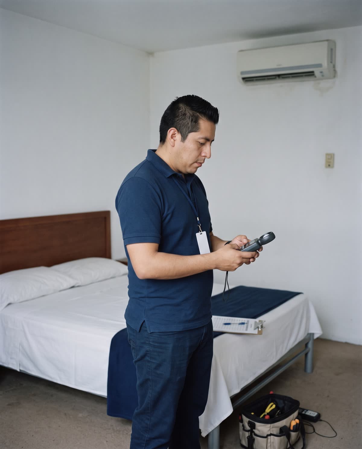 Rogelio Munguía, responsable técnico de Hostera, durante un Checkup con luxómetro en mano dentro de una habitación